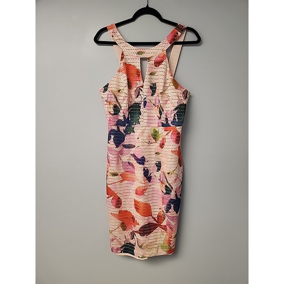 Trina Turk Sylvie‎ Sheath Dress Size 10 Floral Print Halter Neck Keyhole Garden - Picture 1 of 7